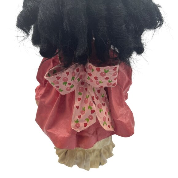 Handmade Vintage Paper Mache Doll With Strawberry Print Apron & Curly Black Hair - Picture 7 of 8